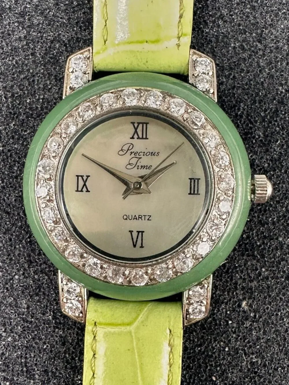 Precious Time Watch Women Silver Tone Green Leather Band New Battery 9 Inch